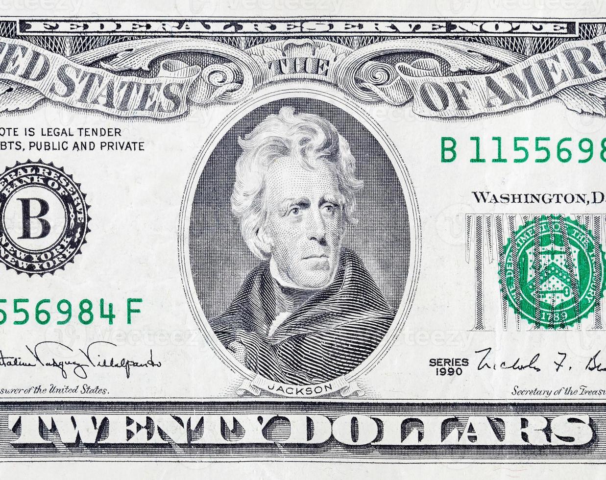 Portrait of US president Andrew Jackson on 20 dollars banknote closeup macro fragment photo