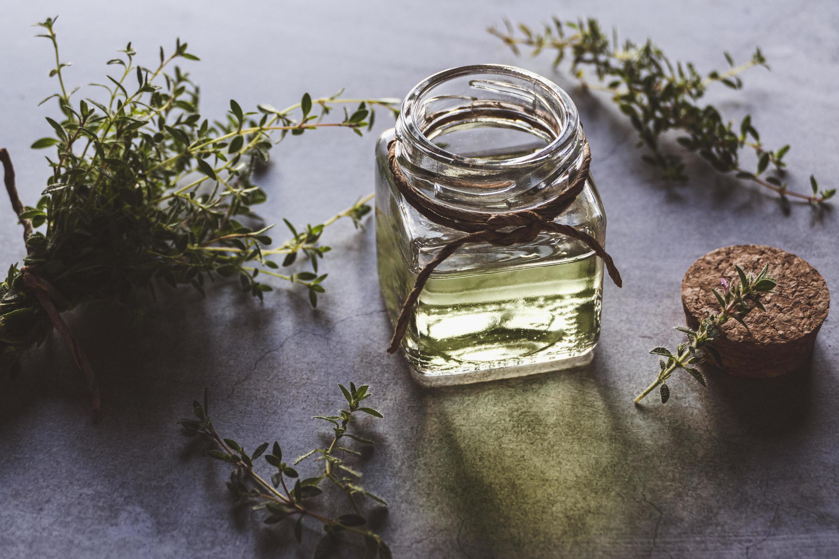 Thymus serpyllum infusion oil in bottle, fresh thyme plants on gray table 12990231 Stock Photo