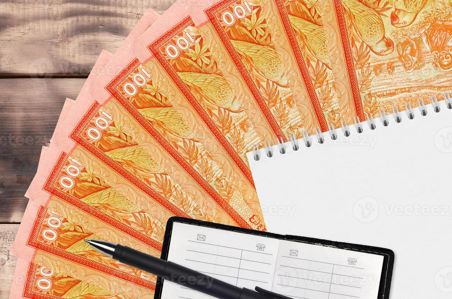 100 Sri Lankan rupees bills fan and notepad with contact book and black pen. Concept of financial planning and business strategy photo