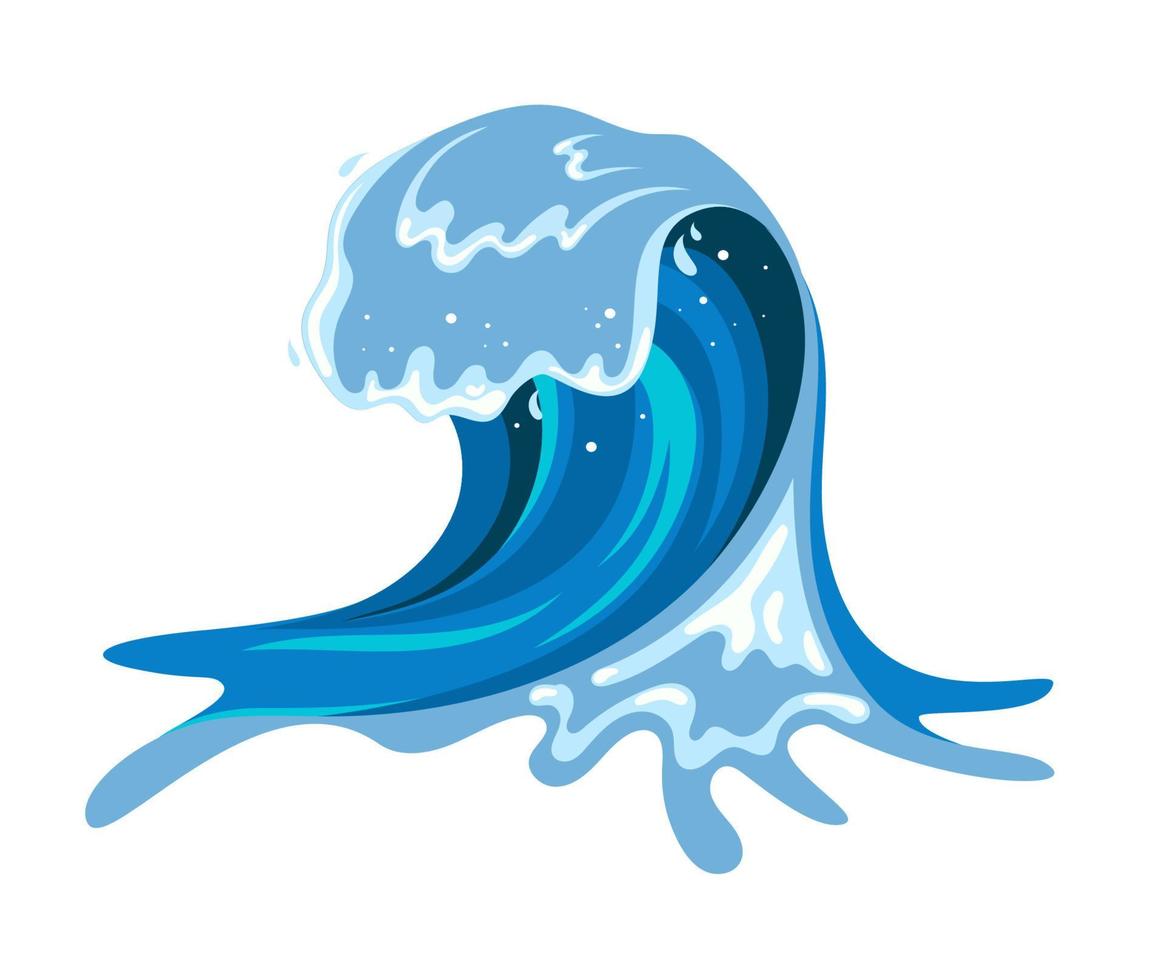 Tsumani wave in flat cartoon style. Big blue tropical water splash with white foam. Vector illustration isolated in white background