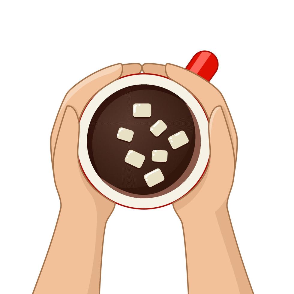 Hot chocolate with marshmallow top view. vector