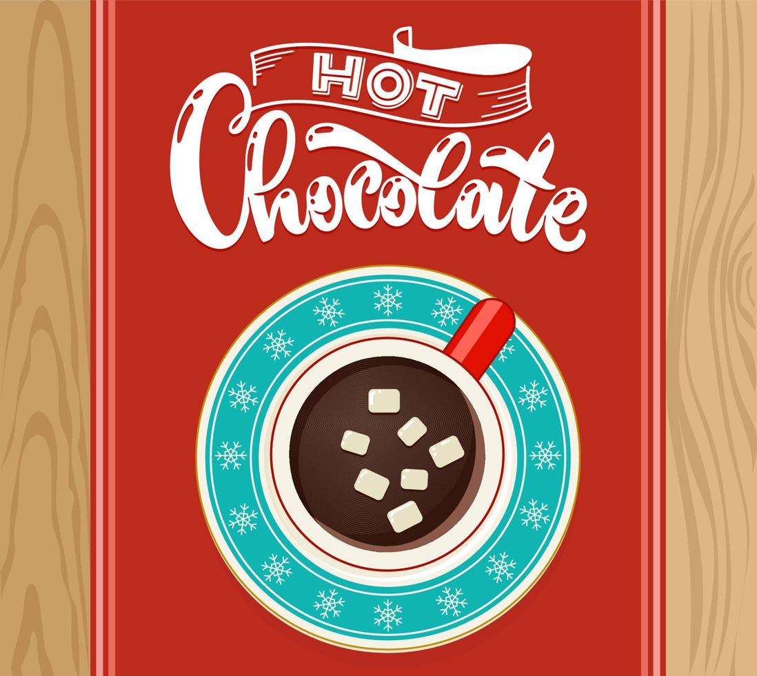 Hot chocolate with marshmallow top view. vector