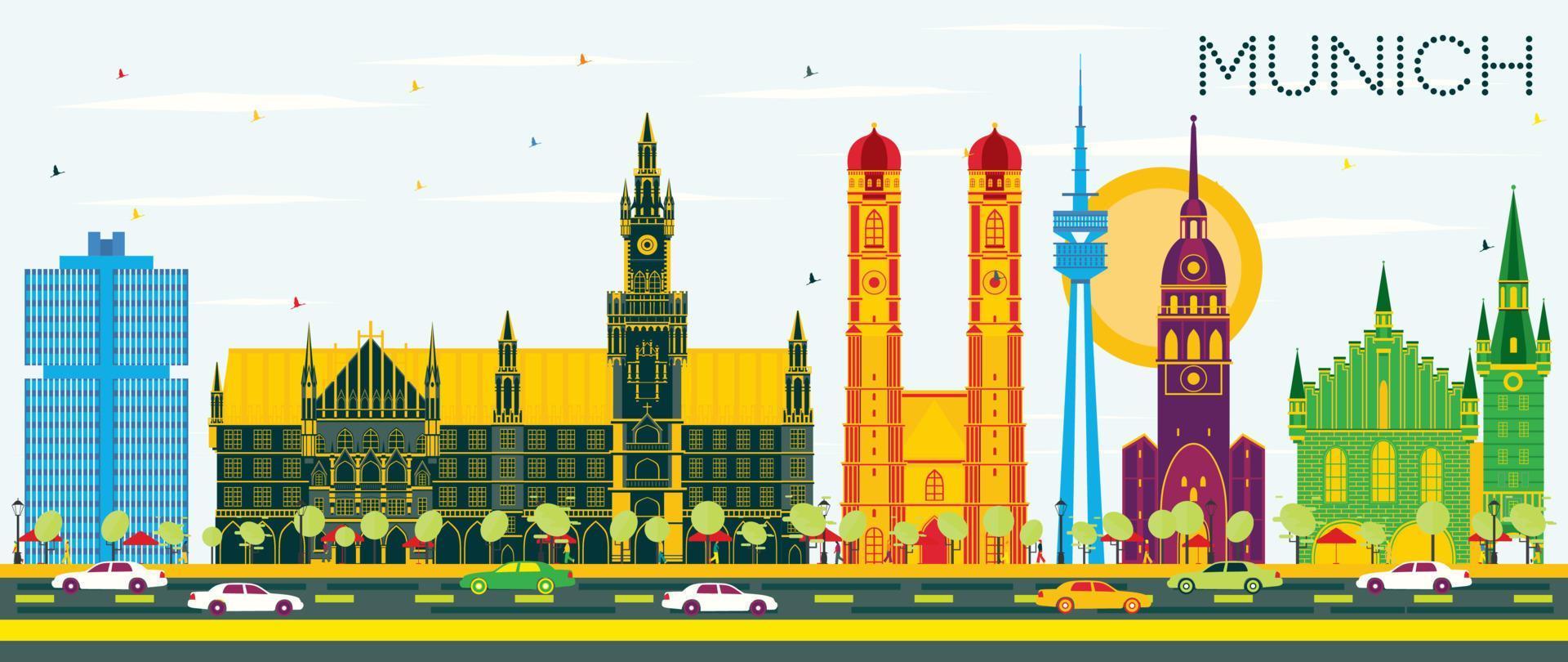 Munich Germany Skyline with Color Buildings and Blue Sky. vector