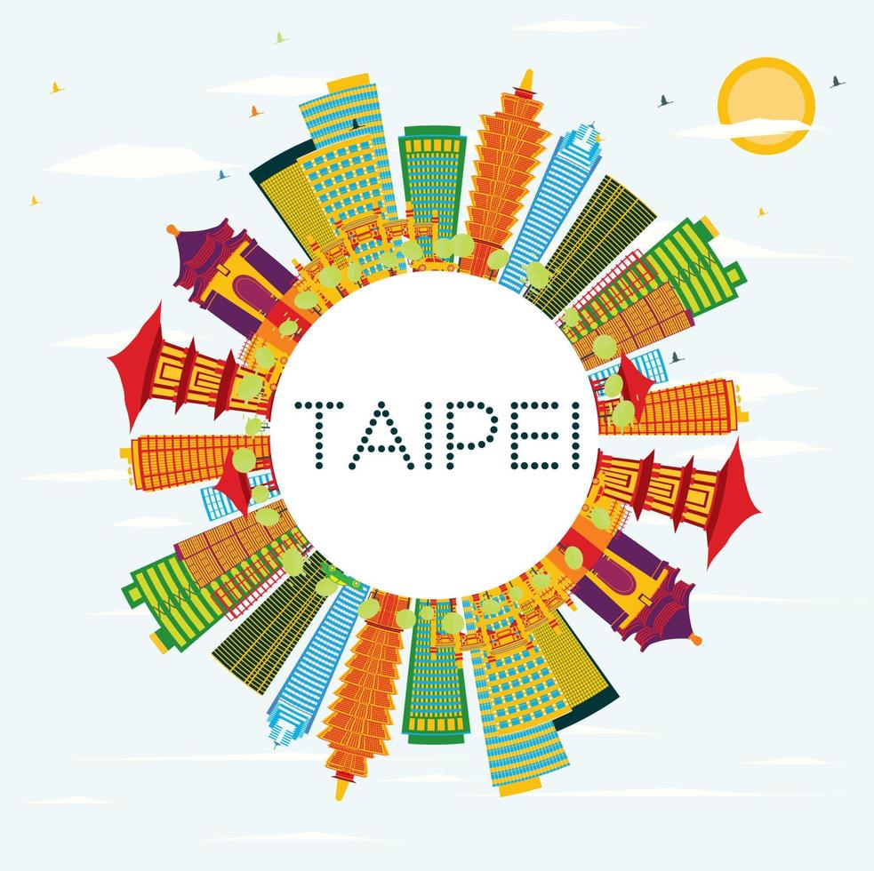 horizonte de taipei con edificios de color, cielo azul y espacio de copia. vector