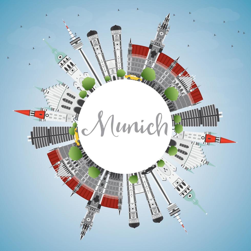 Munich Skyline with Gray Buildings, Blue Sky and Copy Space. vector