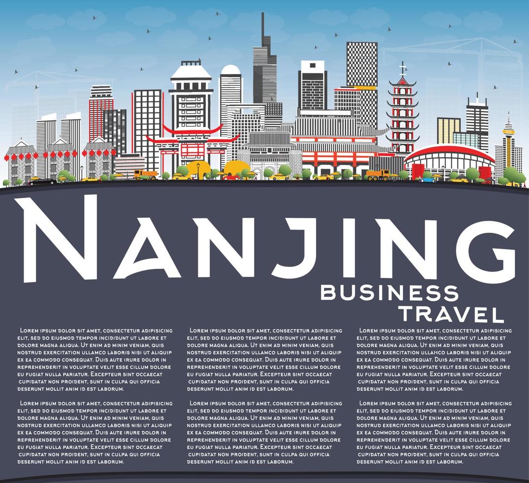 Nanjing China Skyline with Gray Buildings, Blue Sky and Copy Space. vector