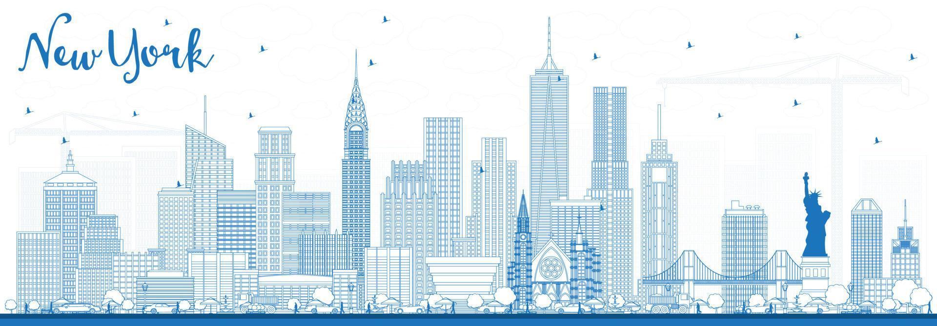 Outline New York USA Skyline with Blue Buildings. vector