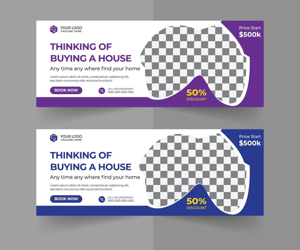 Real estate social media cover template design - thinking of buying a house vector