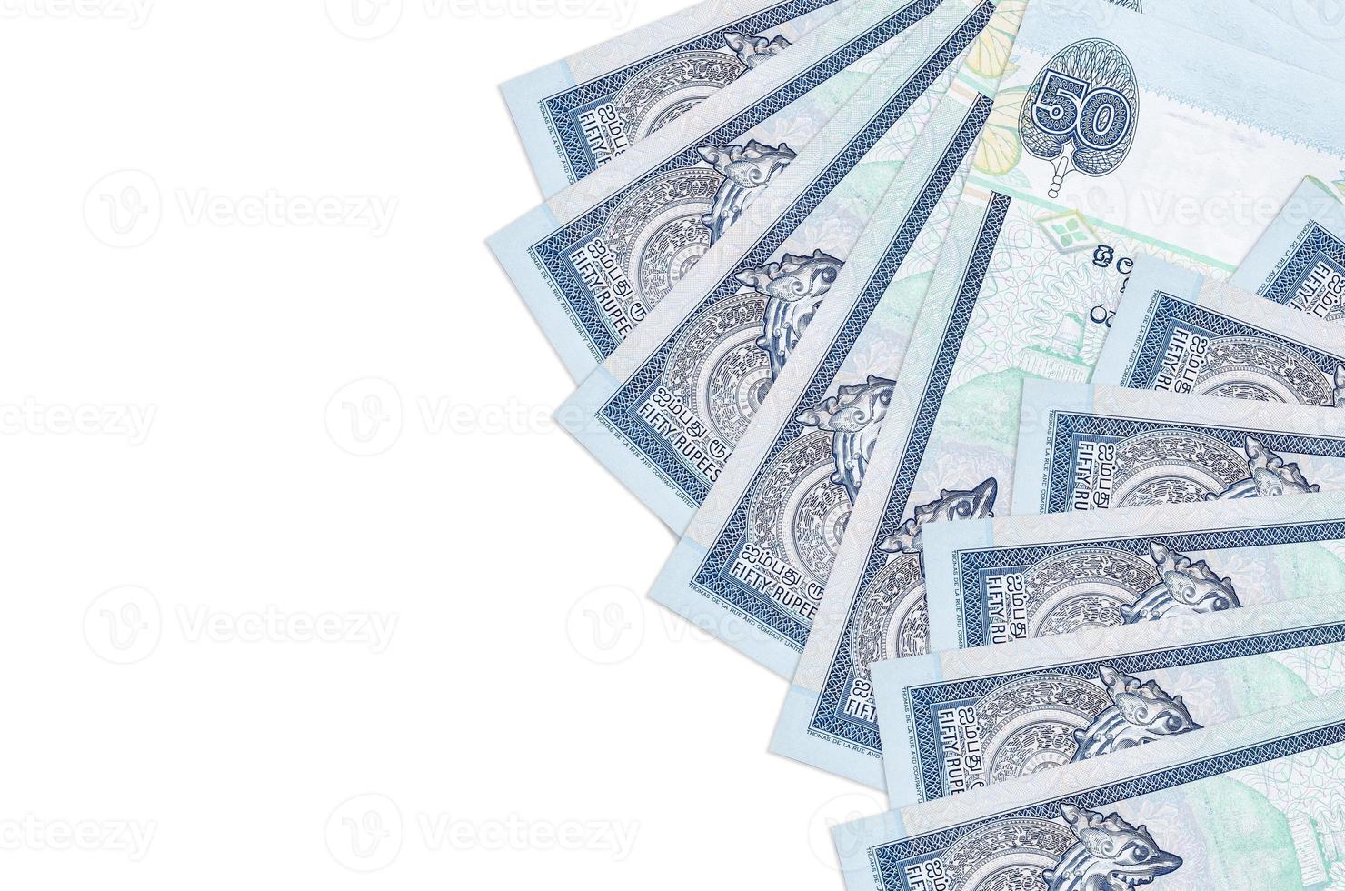 50 Sri Lankan rupees bills lies isolated on white background with copy space. Rich life conceptual background photo