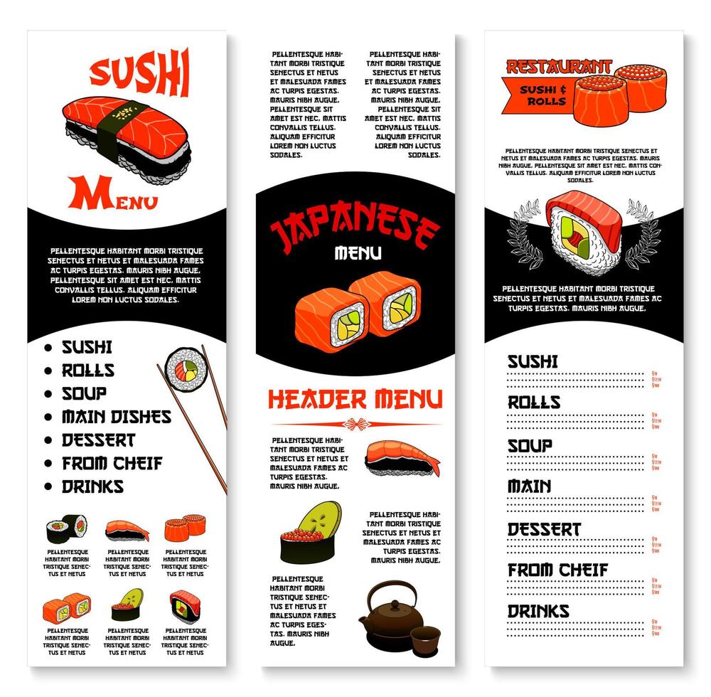 Sushi bar vector menu template of Japanese dishes