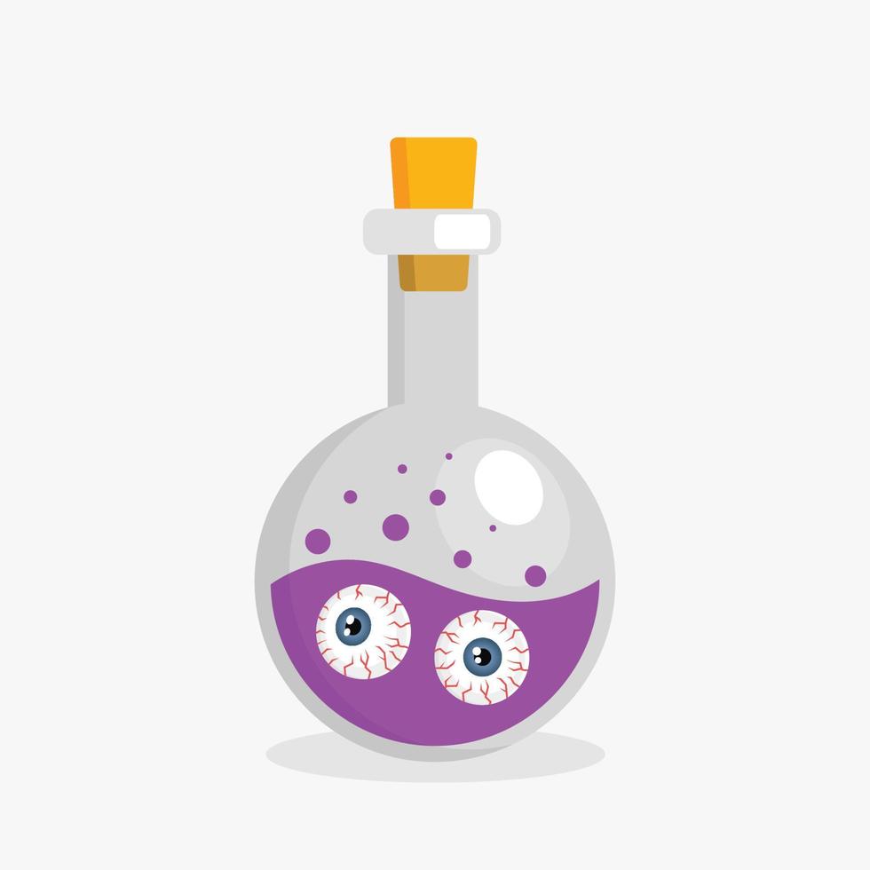 Glass bottle with witchcraft potion and eyeballs in cartoon style. Vector illustration for Halloween, witchcraft