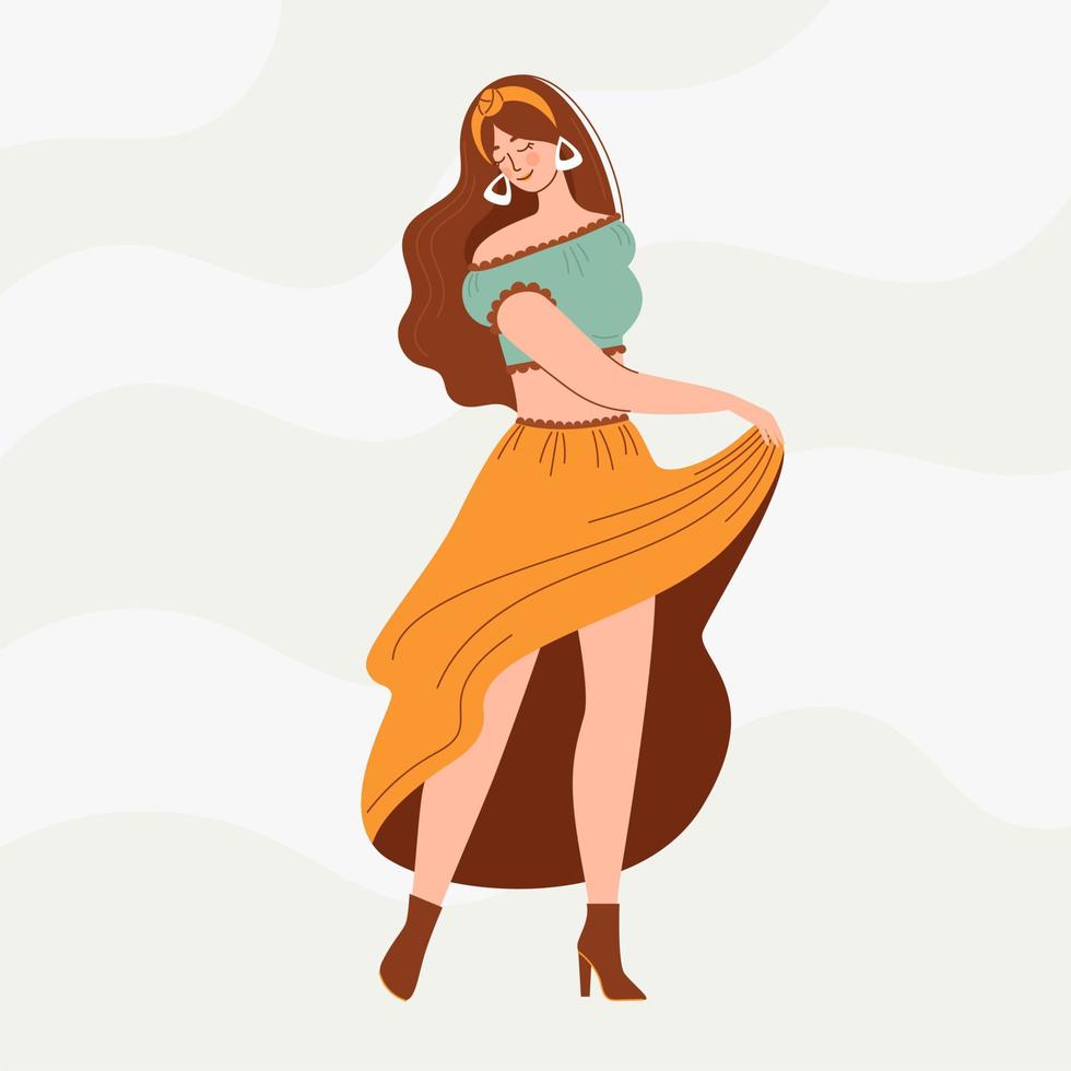 Woman in boho outfit. Modern boho collection with boho outfits for clothes design. Summer style. Hippie style. Elegant, modern style. vector