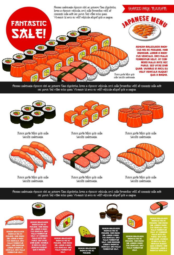 Sushi bar vector menu template of Japanese cuisine