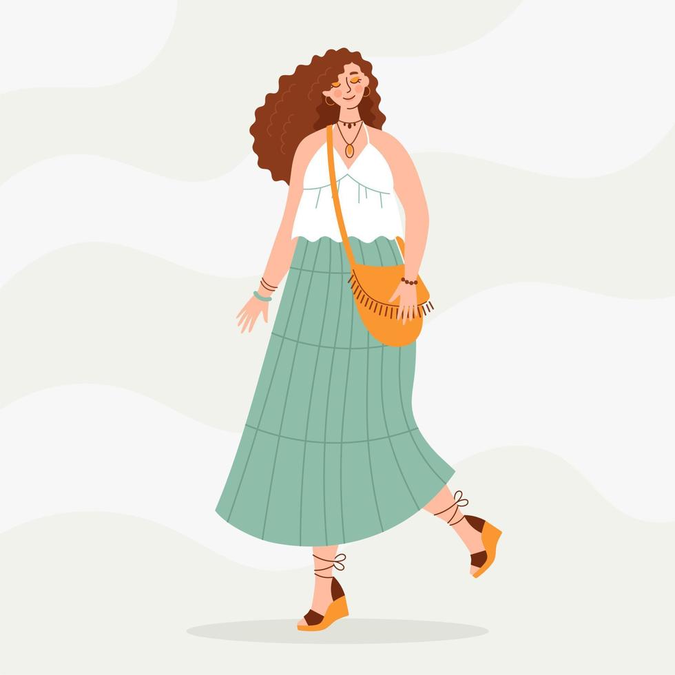 Woman in boho outfit. Modern boho collection with boho outfits for clothes design. Summer style. Hippie style. Elegant, modern style. vector