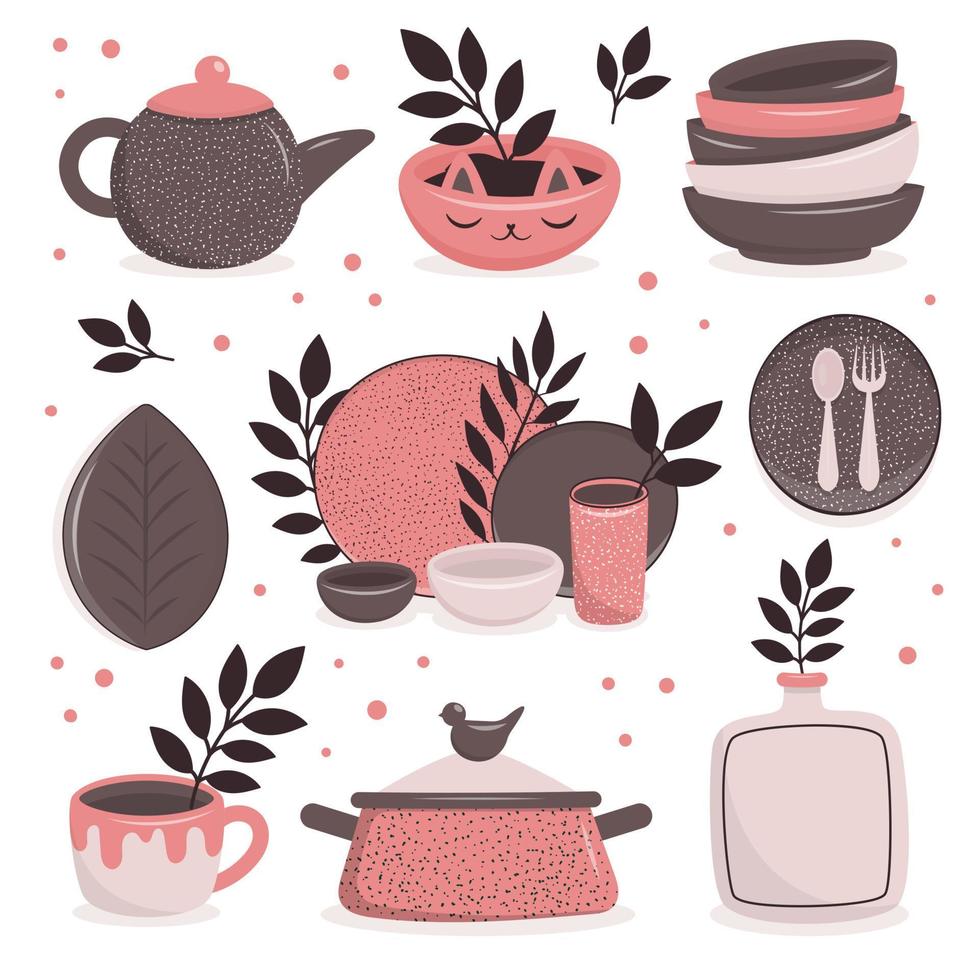 un juego de platos de cerámica hechos a mano. utensilios artesanales para el desayuno, el almuerzo y la cena, plato, tetera, tazón, taza, cacerola. textura hecha a mano. ilustración vectorial vector