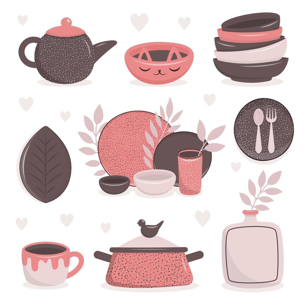 A set of handmade ceramic dishes. Craft utensils for breakfast, lunch and dinner, plate, teapot, bowl, cup, saucepan. Handmade texture. Vector illustration