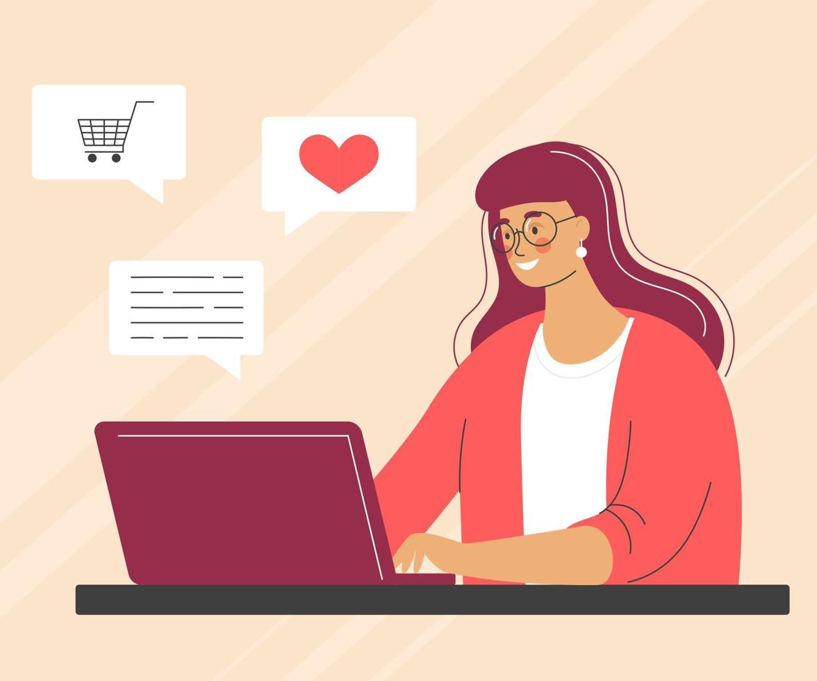 Happy young woman with laptop. Online communication, shopping. Vector illustration with character