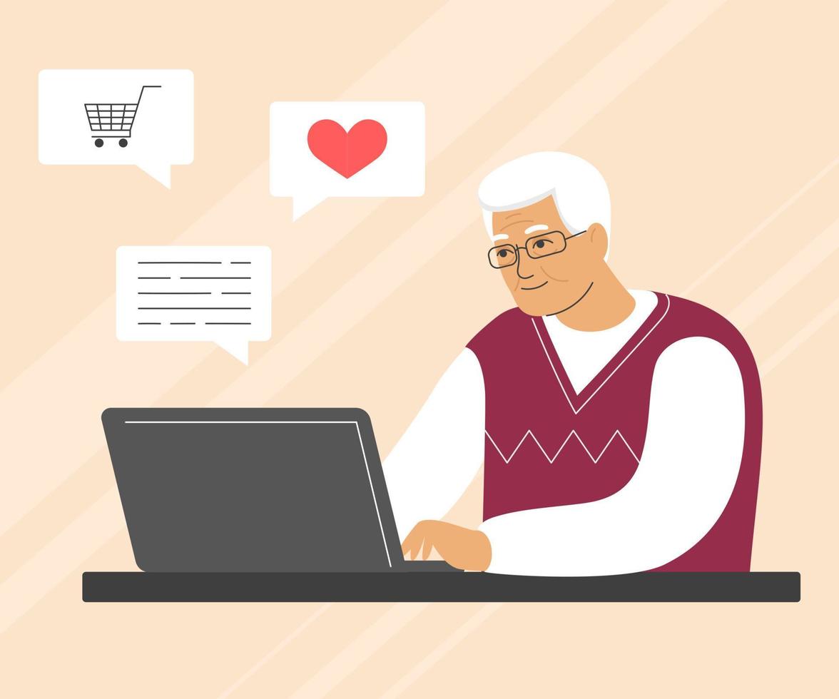 Happy grandpa with laptop. Seniors, online communication, shopping. Vector illustration with character