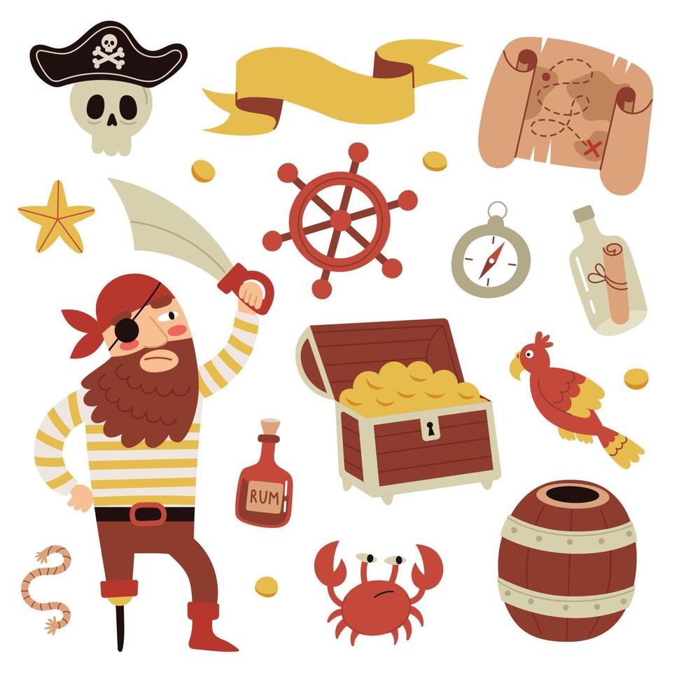 colección de accesorios y artículos piratas, paquete pirata. ilustración  vectorial dibujada a mano. 12990913 Vector en Vecteezy