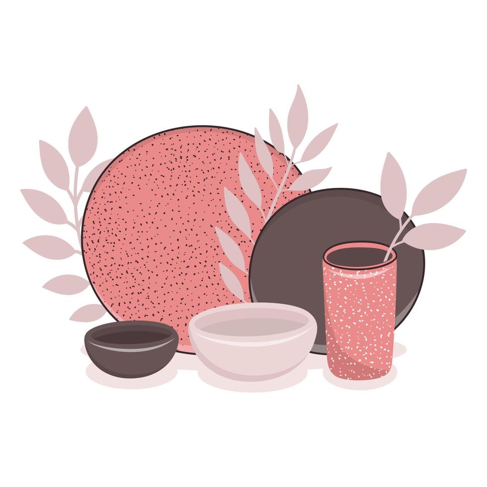 A set of handmade ceramic dishes. Craft utensils for breakfast, lunch and dinner, plate, bowl, cup. Handmade texture. Vector illustration