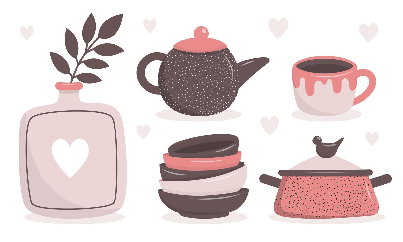 A set of handmade ceramic dishes. Craft utensils for breakfast, lunch and dinner, plate, teapot, bowl, cup, saucepan. Handmade texture. Vector illustration