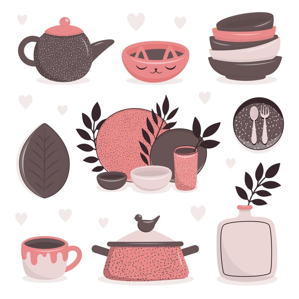 A set of handmade ceramic dishes. Craft utensils for breakfast, lunch and dinner, plate, teapot, bowl, cup, saucepan. Handmade texture. Vector illustration