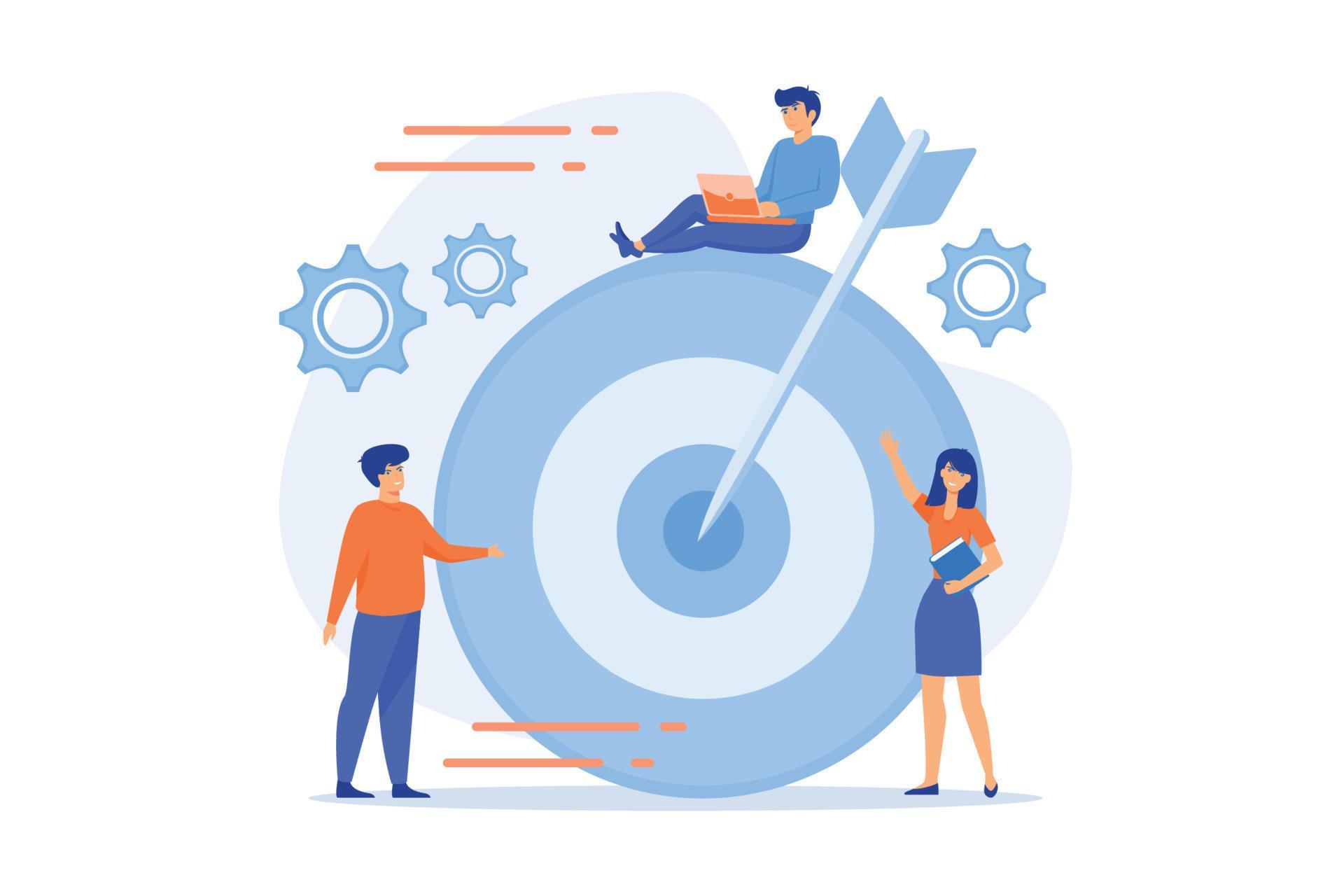 Businessmen working and woman at big target with arrow. Goals and ...