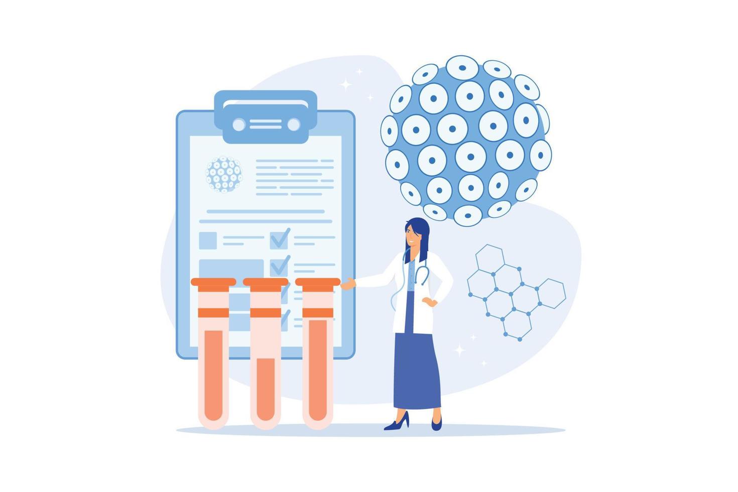 Doctor diagnosis HPV virus. Cervical cancer early diagnostics and checkup. Scientist analyzing infected cells. HPV vaccination for reduce virus infection risk or oncology, vector