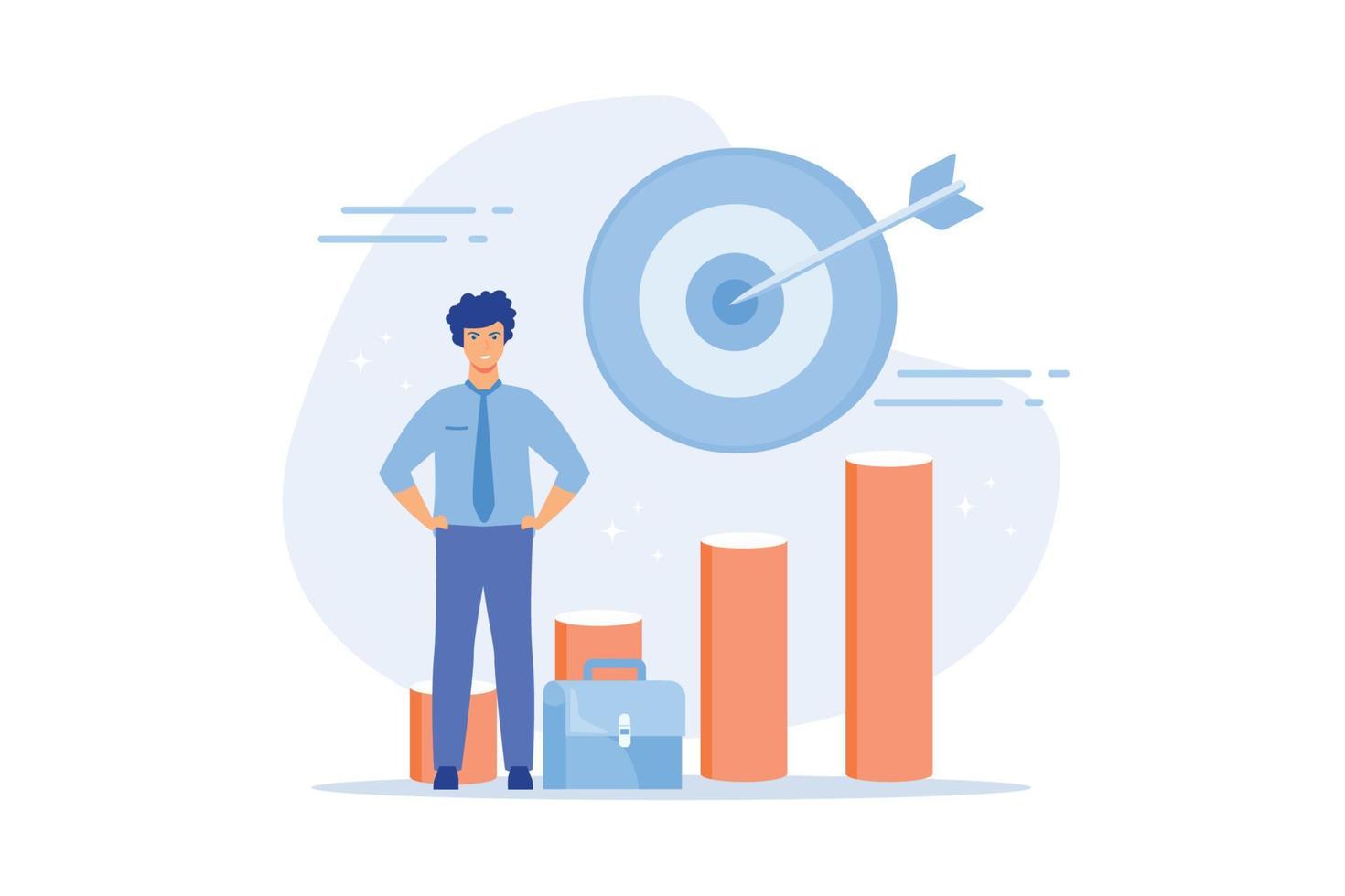 big businessman grows up in career, moving to the goal on the arrow, increases motivation, flat vector modern illustration