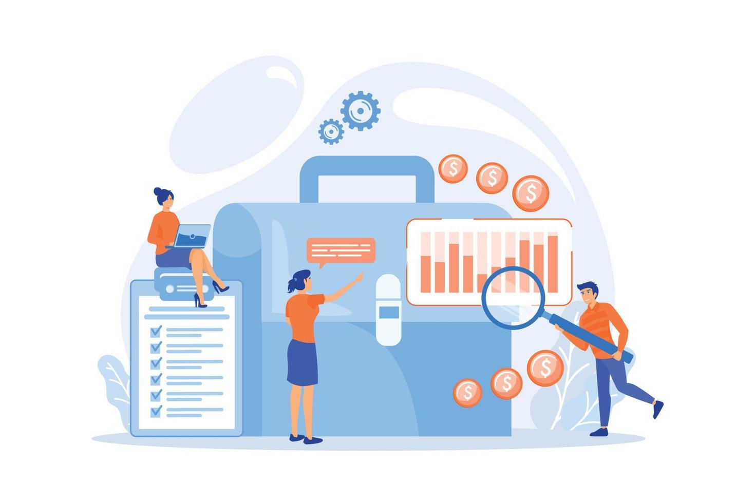 gente de negocios trabajando en un plan con lupa y computadora portátil. plan de negocios, análisis de mercado y concepto de objetivos comerciales sobre fondo blanco, ilustración moderna de vector plano