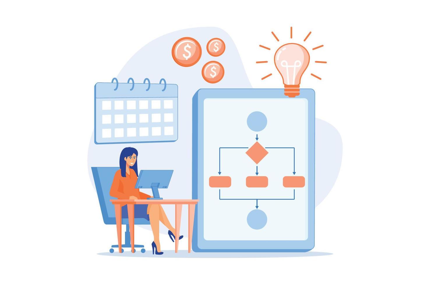 Teamwork, colleagues working on project. Startup launch. Business process management, business process visualization, IT business analysis concept, flat vector modern illustration