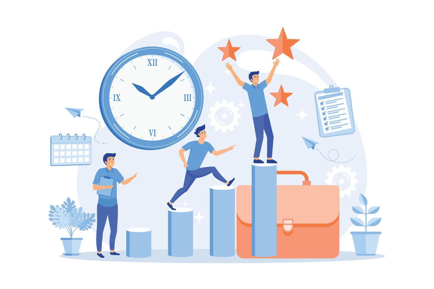 Businessman sets goals and runs up on graph columns for success on time. Self-management, self regulation learning, self-organization course concept, flat vector modern illustration