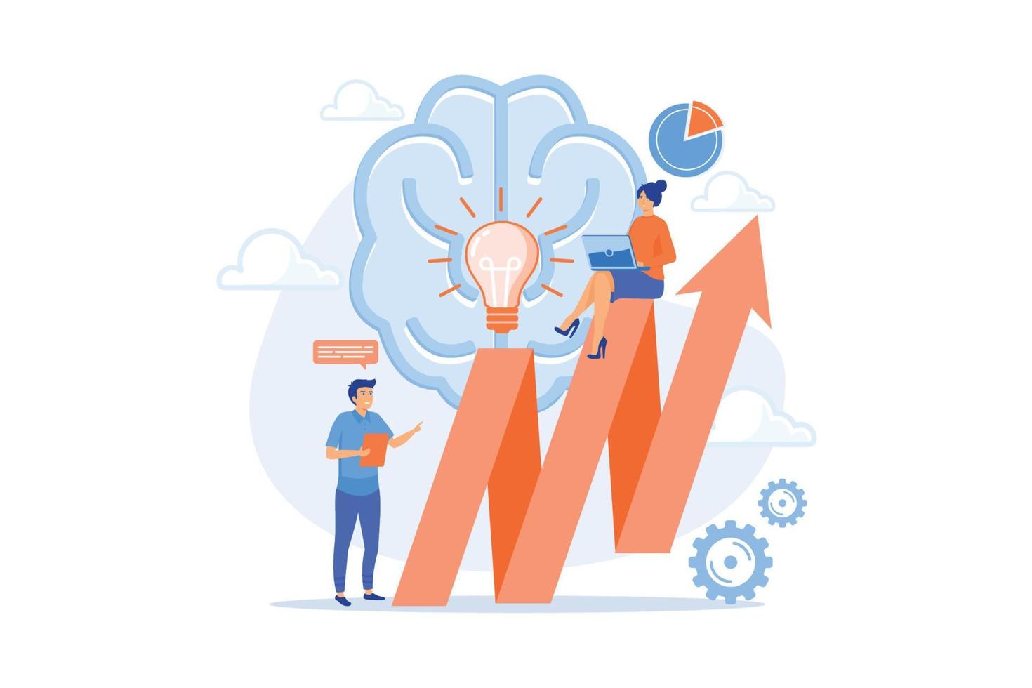 Brain, lightbulb and business team solving problem. Innovative solution, problem-solving and crisis management concept on white background, flat vector modern illustration