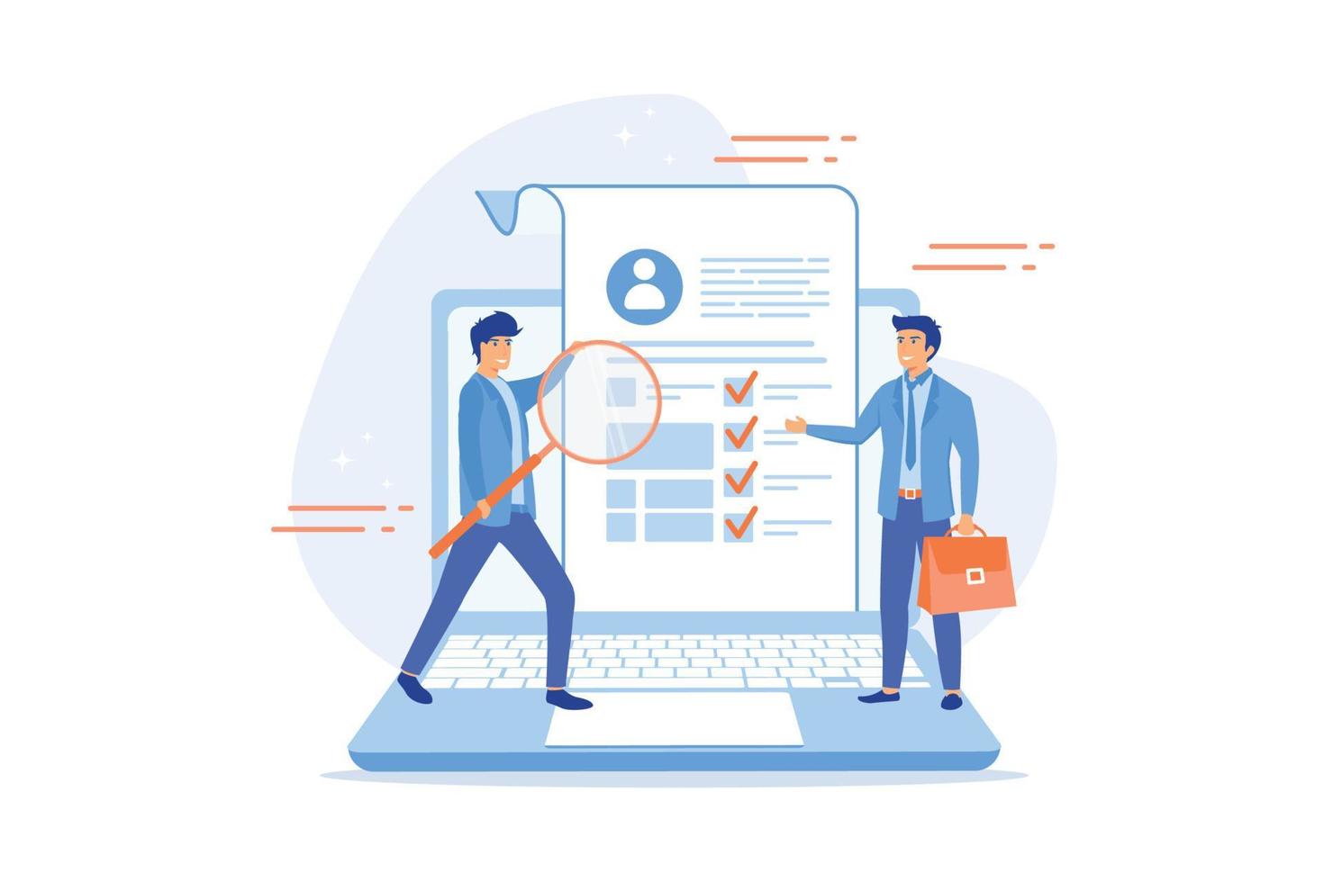 HR specialists choosing best candidate for job. Profiles of various people with ranking. Company searching new employee. Concept of cv resume and recruitment process, flat vector modern illustration