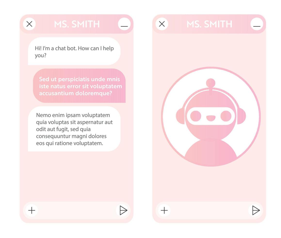 Chatbot window with robot icon. User interface of application with online dialogue. Conversation with a robot assistant vector