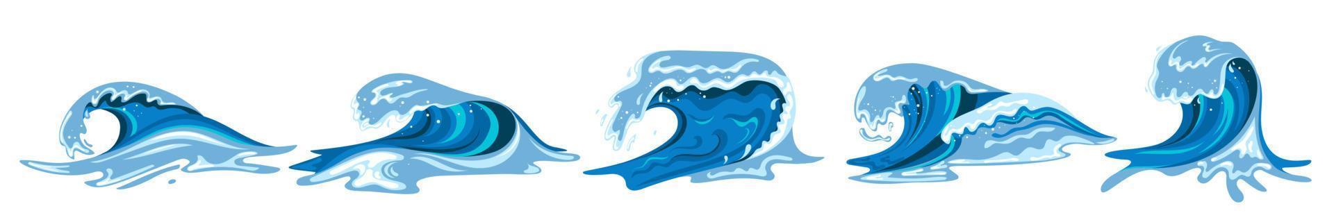 Tsumani wave in flat cartoon style. Big blue tropical water splash with white foam. Vector illustration isolated in white background