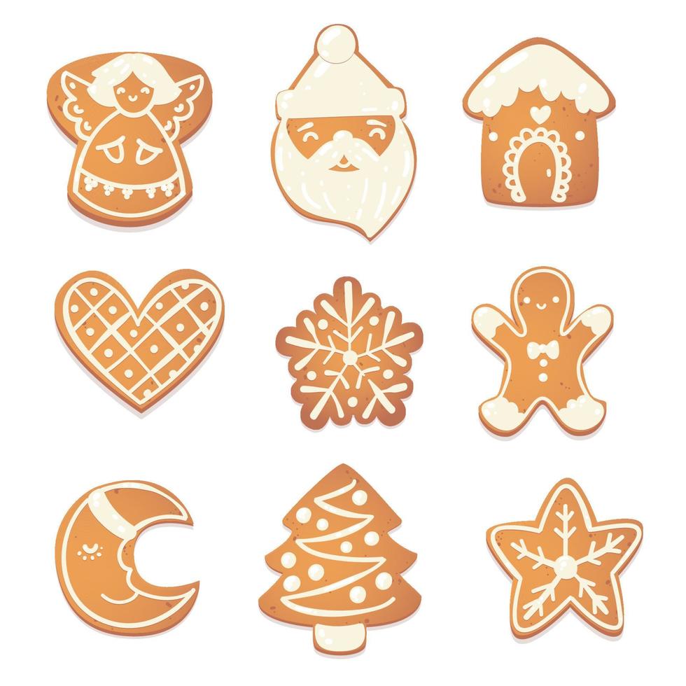 conjunto de galletas lindas de navidad de pan de jengibre. personajes de galletas para el diseño de año nuevo. ilustración de dibujos animados vectoriales. vector