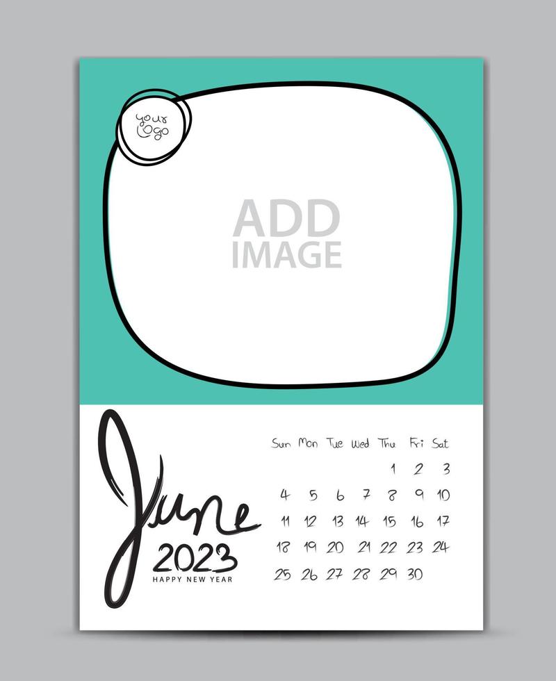 Calendar 2023 year design - June 2023, wall calendar 2023 year, Lettering calendar, Desk calendar template, week starts on sunday, printing, advertiement, Green background, vector