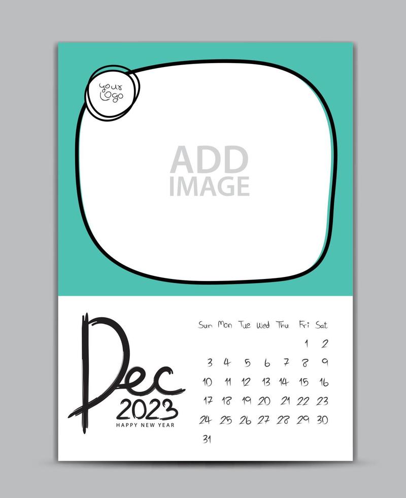 diseño del año 2023 del calendario: diciembre de 2023, calendario de pared del año 2023, calendario de letras, plantilla de calendario de escritorio, la semana comienza el domingo, impresión, anuncio, fondo verde, vector