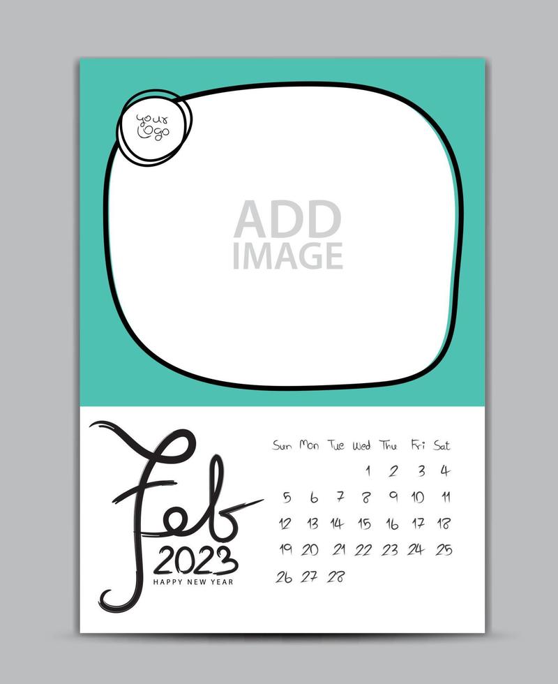 Calendar 2023 year design - February 2023, wall calendar 2023 year, Lettering calendar, Desk calendar template, week starts on sunday, printing, advertiement, Green background, vector