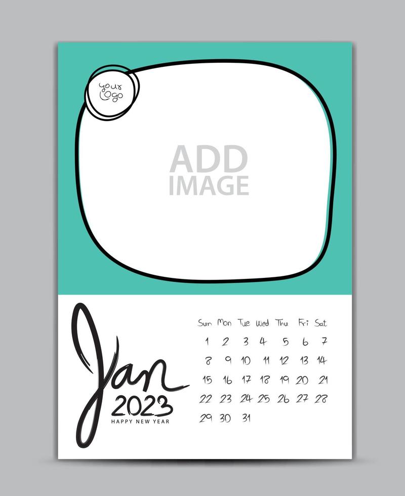 Calendar 2023 year design - January 2023, wall calendar 2023 year, Lettering calendar, Desk calendar template, week starts on sunday, printing, advertiement, Green background, vector