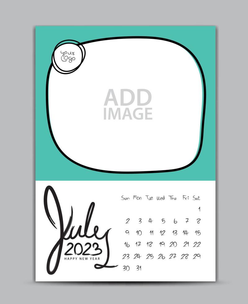 Calendar 2023 year design - July 2023, wall calendar 2023 year, Lettering calendar, Desk calendar template, week starts on sunday, printing, advertiement, Green background, vector