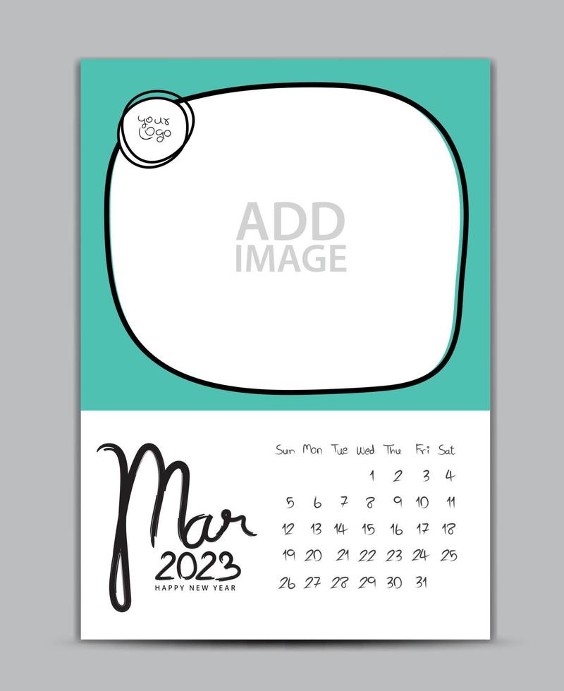 diseño del año calendario 2023 - marzo de 2023, calendario de pared año 2023, calendario de letras, plantilla de calendario de escritorio, la semana comienza el domingo, impresión, publicidad, fondo verde, vector