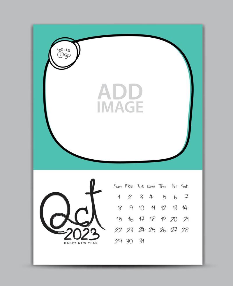 Calendar 2023 year design - October 2023, wall calendar 2023 year, Lettering calendar, Desk calendar template, week starts on sunday, printing, advertiement, Green background, vector