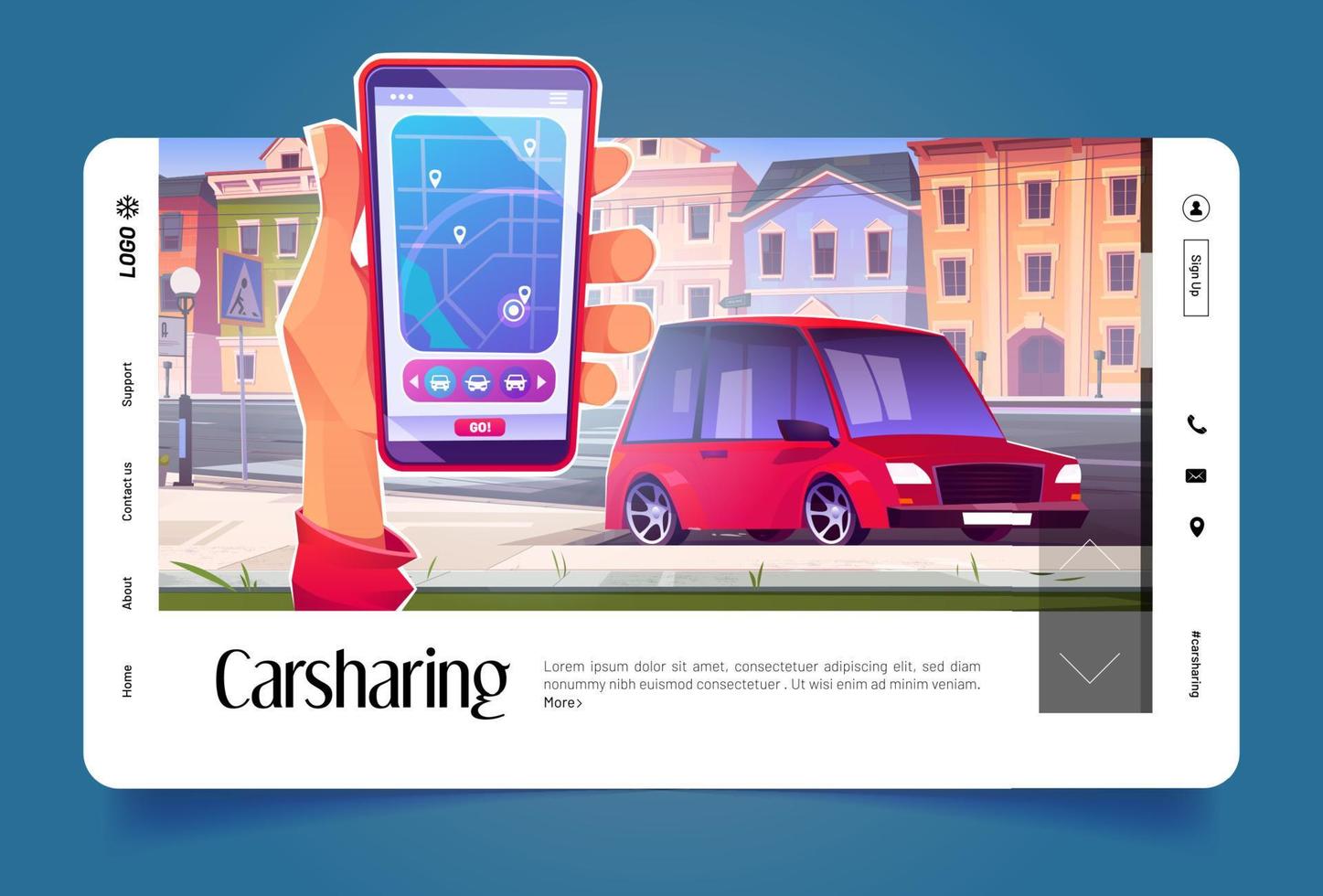banner de carsharing con teléfono móvil y coche vector