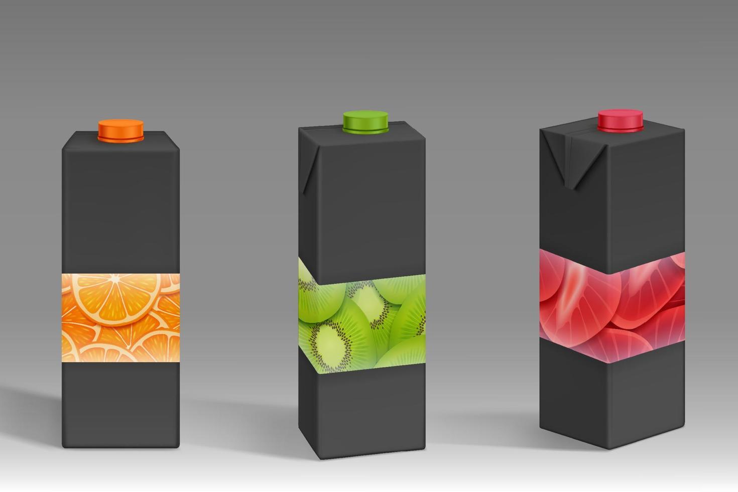 Black carton packs with fruit print for juice vector