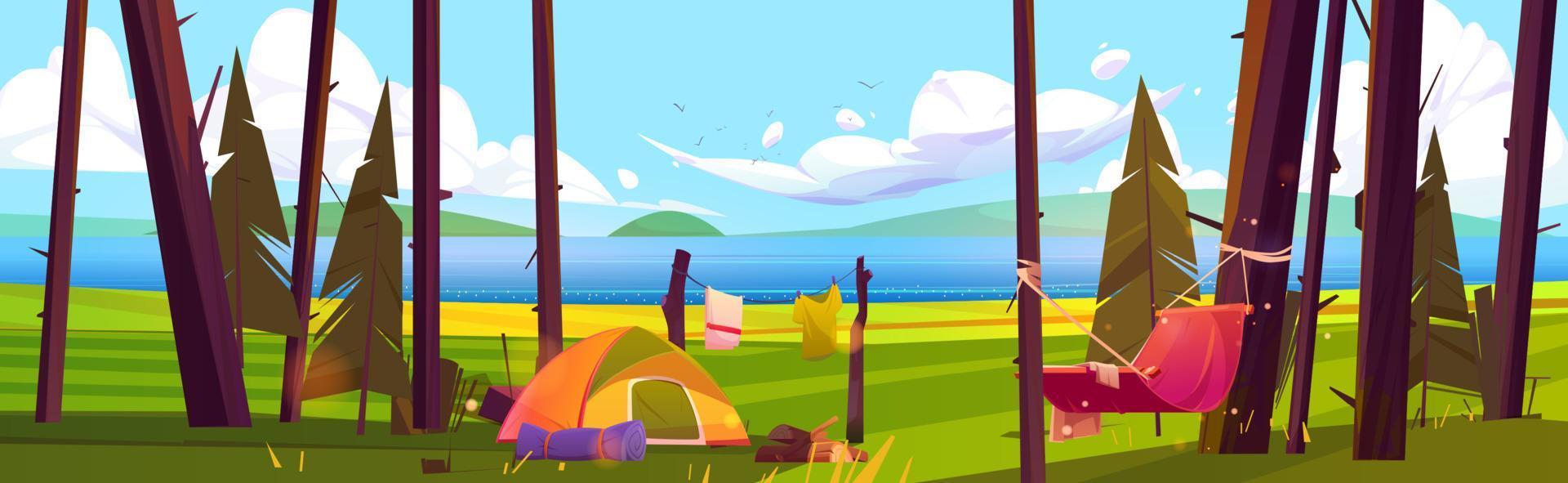 Camp in forest, tourist camping tents and hammock vector