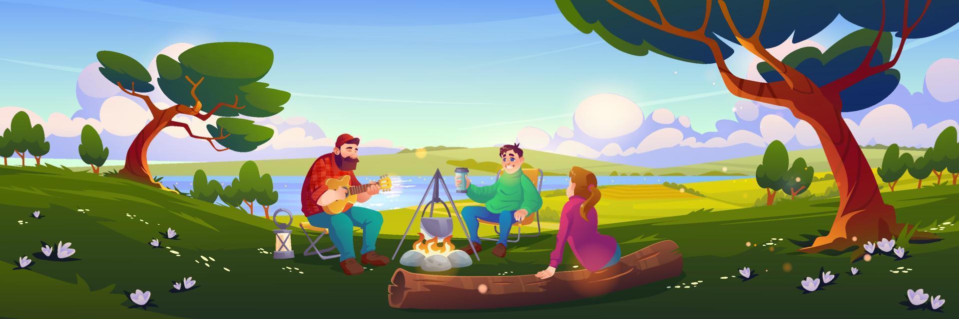 Friends camping, people relax in forest camp. vector