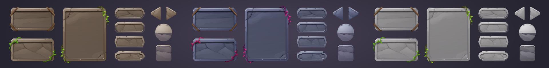 Stone game menu boards with vines, rope or leaves. vector