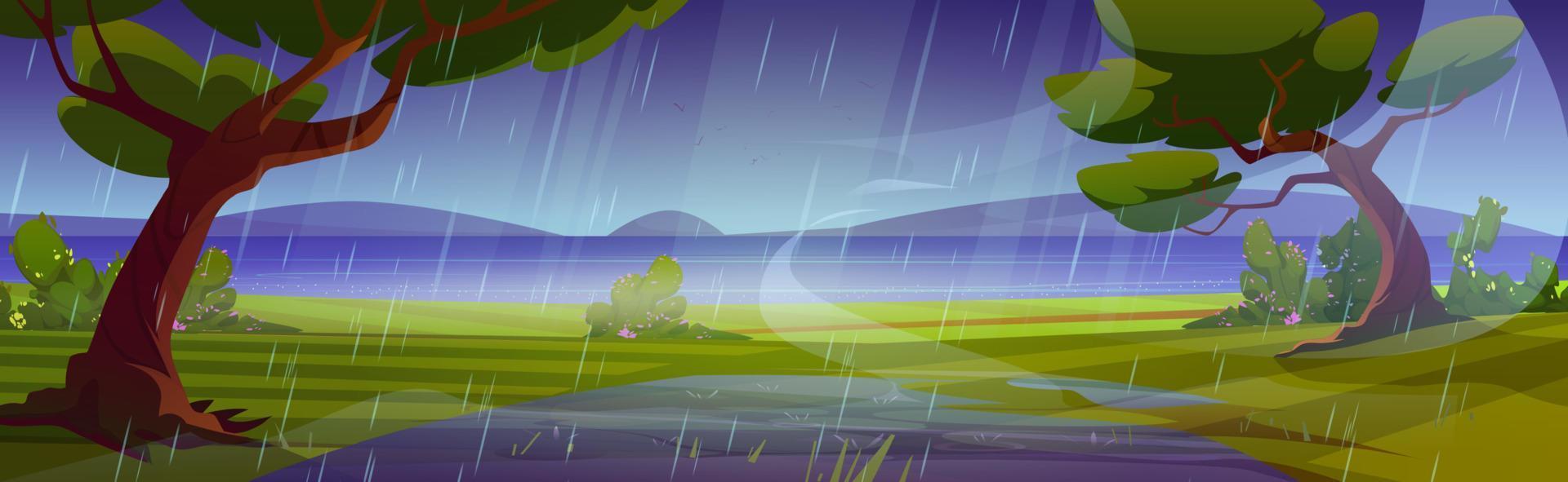 paisaje de naturaleza de lluvia de verano. fondo de dibujos animados vector